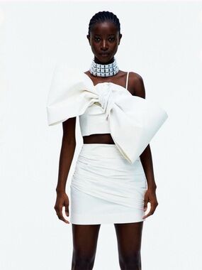 H&M White Dramatic Bow One-Shoulder Crop Top
